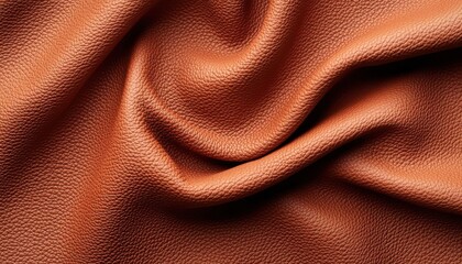 Close-up of soft, textured brown leather fabric draping elegantly, showcasing its rich patterns and natural sheen, perfect for design or textile backgrounds.