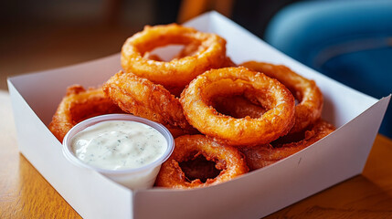 A greasy box of fried onion rings, with a side of ranch dipping sauce.