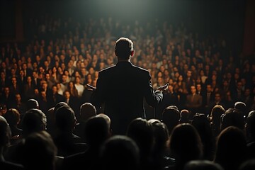 Charismatic politician delivering rousing campaign speech to enthusiastic crowd symbolizing promise
