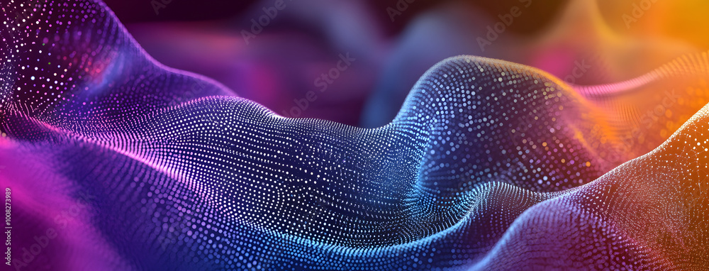 Poster big data visualization. the musical stream of sounds. abstract background with interweaving of dots 