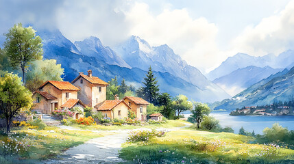 Small village in the morning light: watercolor art of nature