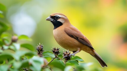 Fototapeta premium This brown bird has a black patch around its eyes, making it look like it's wearing a mask. It's called a butcher bird because it likes to stick its food on thorns.