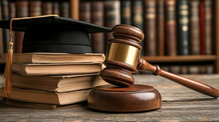 Gavel and Law Books with Graduation Cap in Library Setting