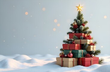 Obraz premium Christmas Gift Tree in Snowy Landscape. 