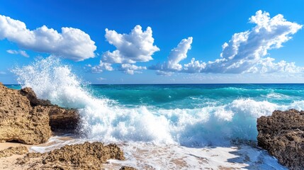 Fototapeta premium Dramatic Waves Crash on Serene Beach Under Blue Sky