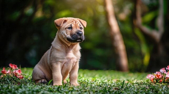Adorable Mini Shar Pei Puppy Sitting on Green Grass in a Bright and Cheerful Outdoor Setting
