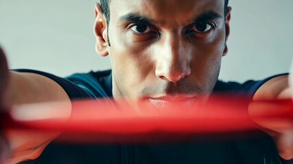 Focused athlete stretching resistance band in intense workout routine, 4k footage