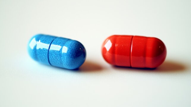 Two pills, one red and one blue, are placed on a white surface.
