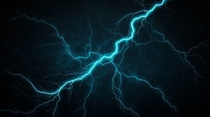 Electric lightning bolt on dark blue background, natural atmospheric phenomenon.