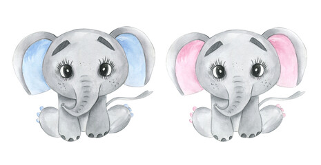 Watercolor baby elephant A Cute Cartoon baby nursery wall art kids Painting isolated on white background.