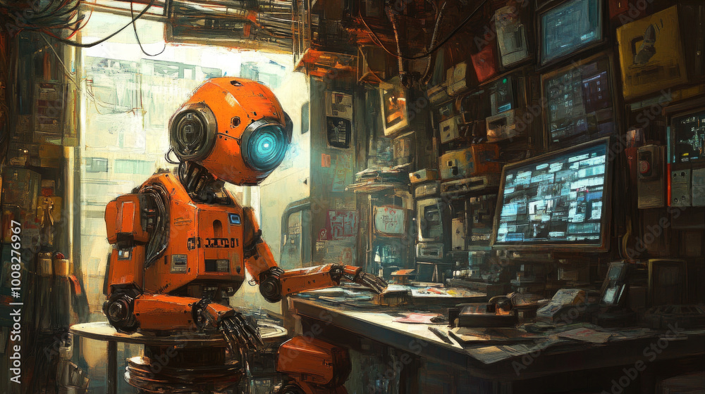 Wall mural using a robot to do a job that a person usually does.
