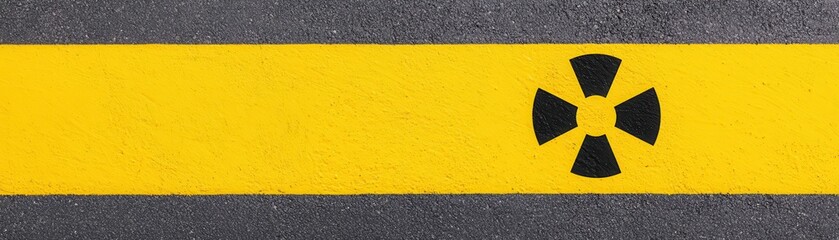 Fototapeta premium Radiation warning symbol on a yellow stripe background, emphasizing safety measures in hazardous environments.