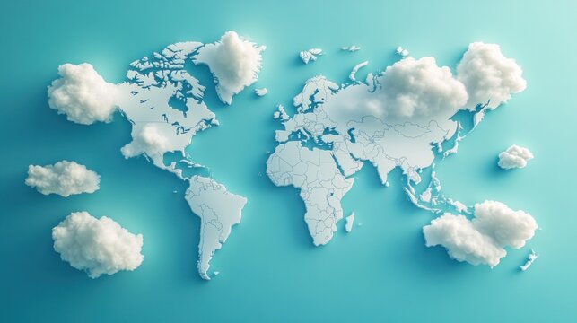 Fototapeta A 3D rendering of a world map surrounded by fluffy white clouds on a blue background.