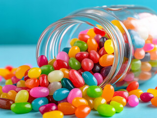 A mountain of colorful jelly beans spilling out of a jar, ready to be eaten.