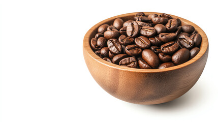 Fototapeta premium Freshly roasted coffee beans in wooden bowl, showcasing their rich color and texture, evoke sense of warmth and comfort