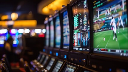 Naklejka premium Exciting Casino Betting Scene with Slot Machines and Sports Screens in Vibrant Gaming Environment