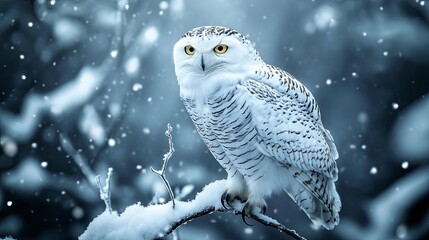 An enchanting shot of a snow-covered owl perched silently on a snowy branch