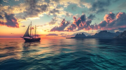 Fototapeta premium A serene sunset view with a sailing ship on calm waters.