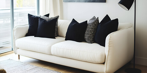  a white sofa with black and white patterned throw pillows. The sofa is positioned against a wall with a window, and there is a rug on the floor in front of it.