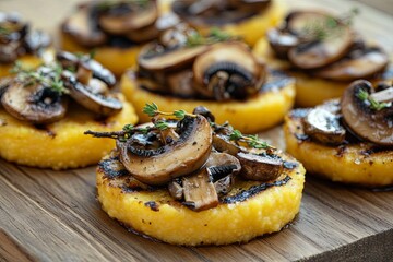 Beautifully arranged on a wooden table, grilled polenta rounds