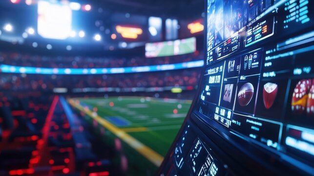 Exciting Sports Betting Concept with Digital Interface in a Stadium Setting Showcasing Dynamic Odds and Live Game Updates - Powered by Adobe