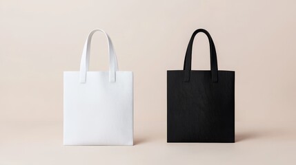 Two stylish tote bags, one black and one white, isolated on a soft background.
