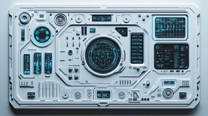 Fototapeta premium Futuristic White Control Panel with Blue Digital Displays