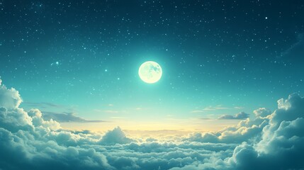 A full moon shines brightly in a dark blue sky, surrounded by a sea of clouds with stars twinkling in the background.
