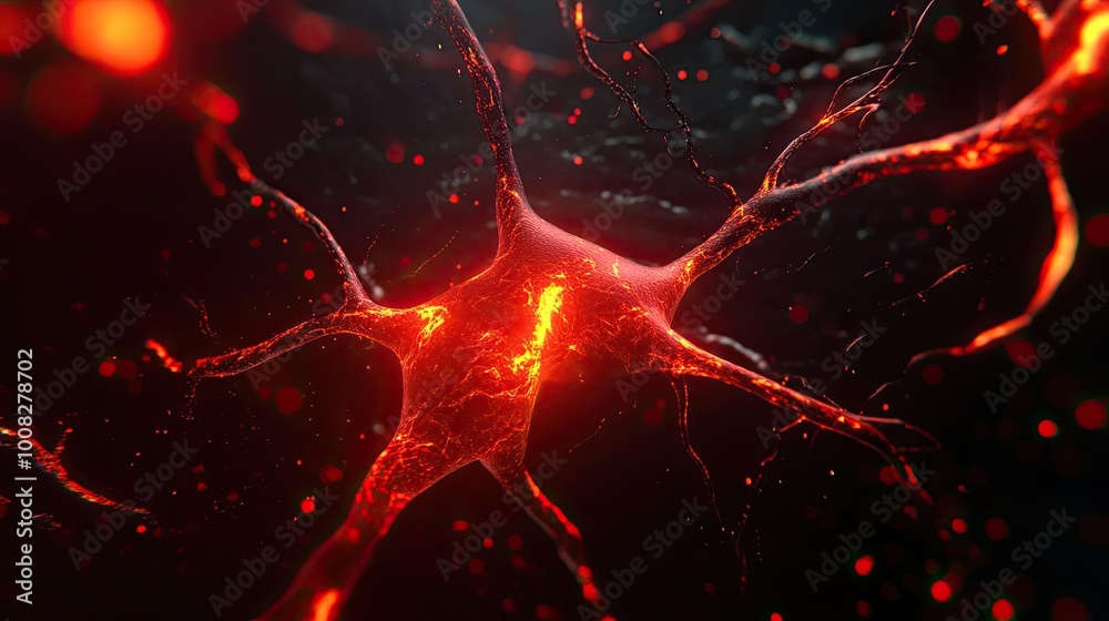 Poster close-up view of a glowing neuron, showcasing intricate details and vivid colors, representing brain