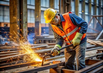 Worker in safety gear cutting old metal beams with a torch for recycling at a construction site