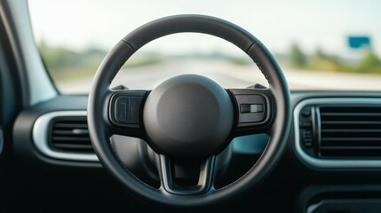 Car steering wheel close-up against a blurred road background.