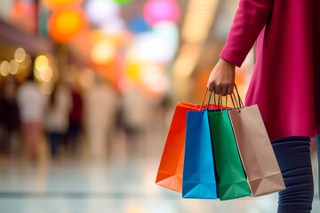 Woman’s hands holding colorful handbags in a vibrant and trendy store setting