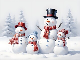 abstract impressionist style delightful snowman family sitting in soft, cotton winter snow background