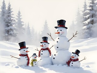 abstract impressionist style delightful snowman family sitting in soft, cotton snow background