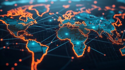 Digital world map with glowing connections in blue and orange tones.