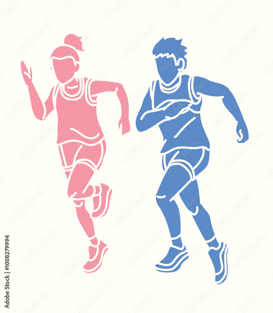 Canvas Prints Silhouette Children Running Together a Boy and a Girl Start Running Cartoon Sport Graphic Vector