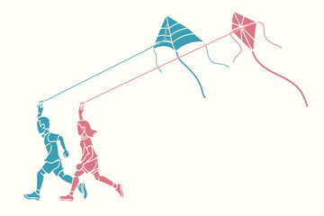 Silhouette A Boy and A Girl Running Fly a Kite Children Playing Together Cartoon Sport Graphic Vector