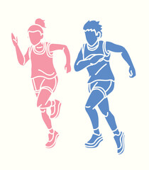 Silhouette Children Running Together a Boy and a Girl Start Running Cartoon Sport Graphic Vector