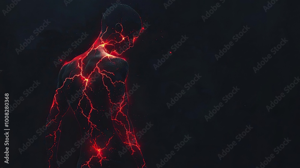 Poster a stylized human figure illuminated by vibrant red lightning, symbolizing energy and transformation 