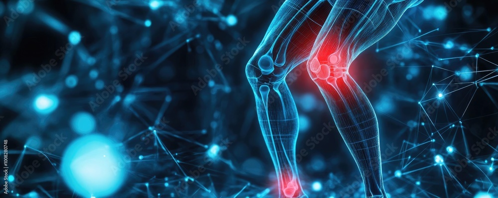 Aufkleber a futuristic representation of a knee joint highlighting pain signals in a digital network. ideal fo