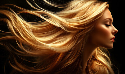 A beautiful woman with long, flowing blonde hair that is shiny and smooth, a black background, Conceptadvertisement for a hair salon or spa, Generative AI