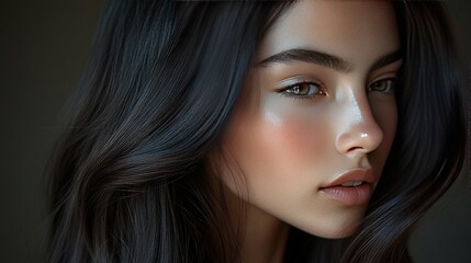 Fototapeta premium Close-Up of Long Straight Dark Brown Hair Highlighting Smooth Texture and Natural Shine in Soft Light