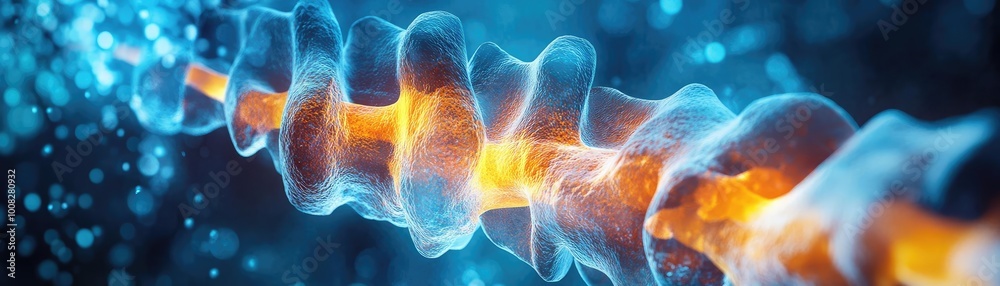 Poster a vibrant and dynamic digital illustration of a spine, showcasing energy and movement within a futur