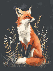 Obraz premium A fox is sitting in a field of grass. The fox is orange and has a curious expression on its face. The painting is of a fox in a natural setting, and it conveys a sense of calm and peacefulness