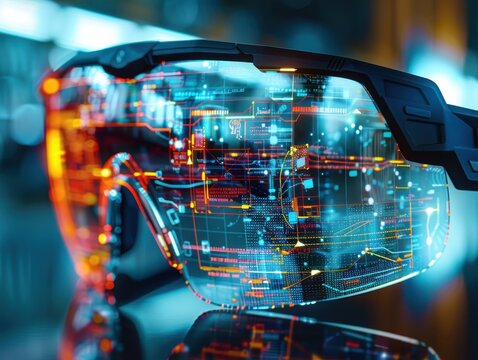 Futuristic smart glasses with digital interface and holographic display.