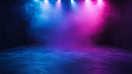Fototapeta premium The dark stage shows, empty dark blue, purple, pink background, neon light, spotlights, The asphalt floor and studio room with smoke float up the interior texture for display products 