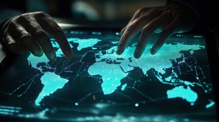 Close up of two hands interacting with a world map displayed on a digital screen.