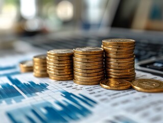 Money management and analyzing finance coin stacks on desk