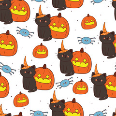 Naklejka premium seamless pattern cartoon cat with halloween vibes. cute halloween wallpaper for fabric print, gift wrap paper