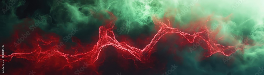 Poster a vibrant blend of red and green hues, creating a dramatic lightning effect against a smoky backdrop